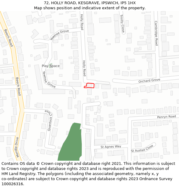 72, HOLLY ROAD, KESGRAVE, IPSWICH, IP5 1HX: Location map and indicative extent of plot