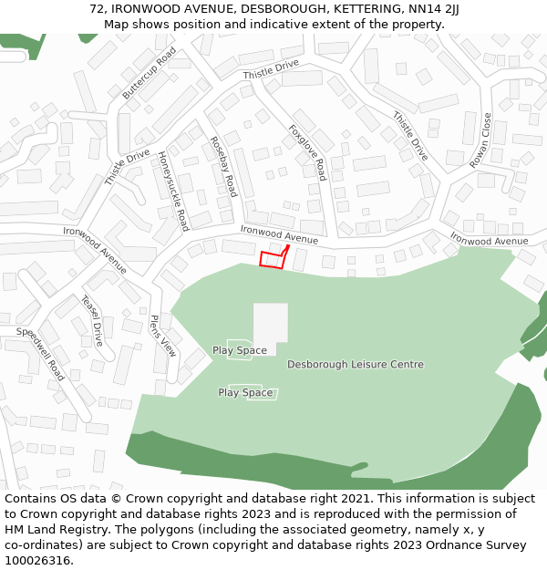 72, IRONWOOD AVENUE, DESBOROUGH, KETTERING, NN14 2JJ: Location map and indicative extent of plot