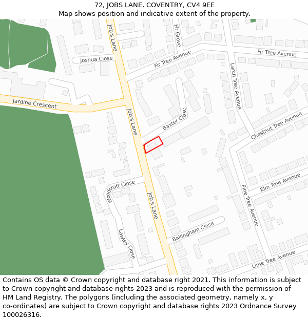 72, JOBS LANE, COVENTRY, CV4 9EE: Location map and indicative extent of plot