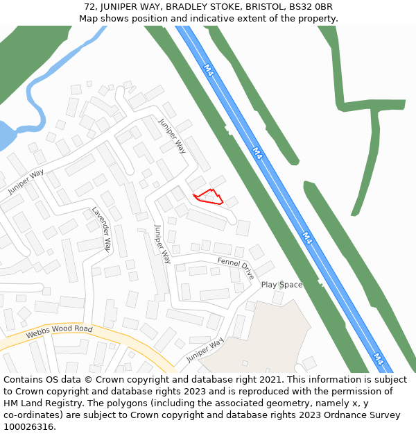 72, JUNIPER WAY, BRADLEY STOKE, BRISTOL, BS32 0BR: Location map and indicative extent of plot