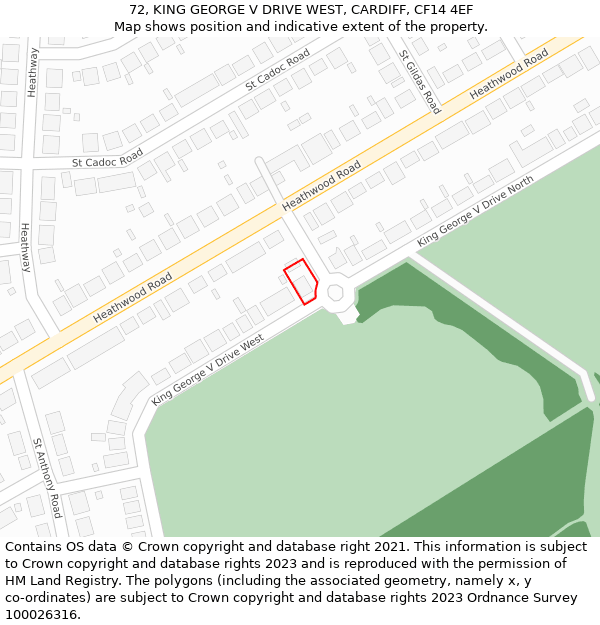 72, KING GEORGE V DRIVE WEST, CARDIFF, CF14 4EF: Location map and indicative extent of plot