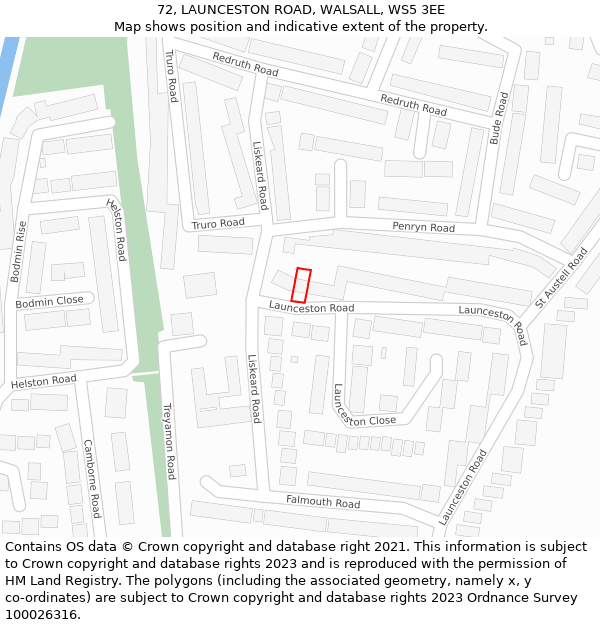 72, LAUNCESTON ROAD, WALSALL, WS5 3EE: Location map and indicative extent of plot