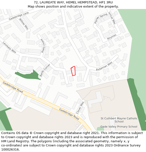 72, LAUREATE WAY, HEMEL HEMPSTEAD, HP1 3RU: Location map and indicative extent of plot