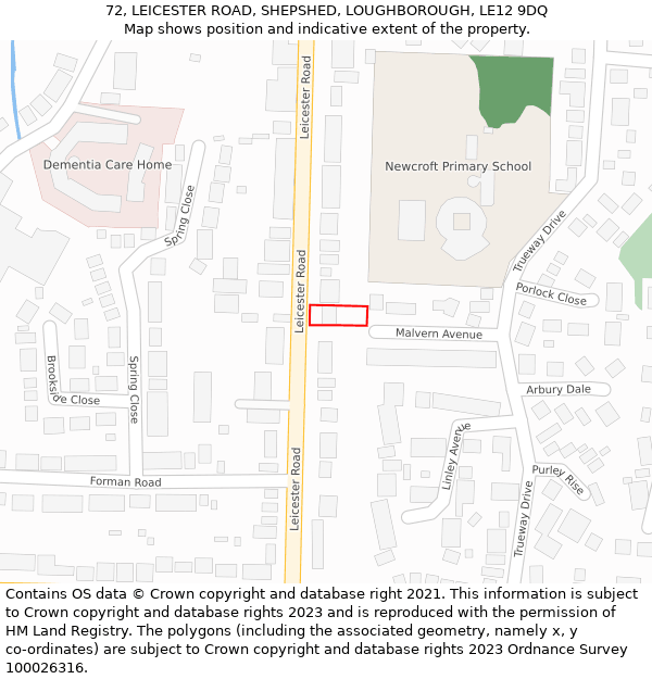 72, LEICESTER ROAD, SHEPSHED, LOUGHBOROUGH, LE12 9DQ: Location map and indicative extent of plot