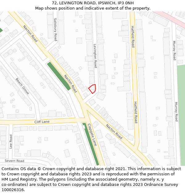 72, LEVINGTON ROAD, IPSWICH, IP3 0NH: Location map and indicative extent of plot