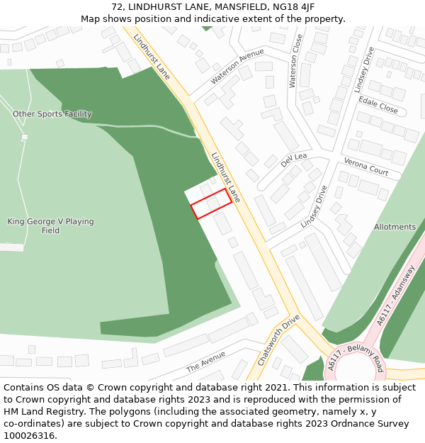 72, LINDHURST LANE, MANSFIELD, NG18 4JF: Location map and indicative extent of plot