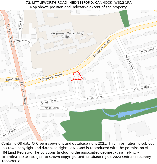 72, LITTLEWORTH ROAD, HEDNESFORD, CANNOCK, WS12 1PA: Location map and indicative extent of plot