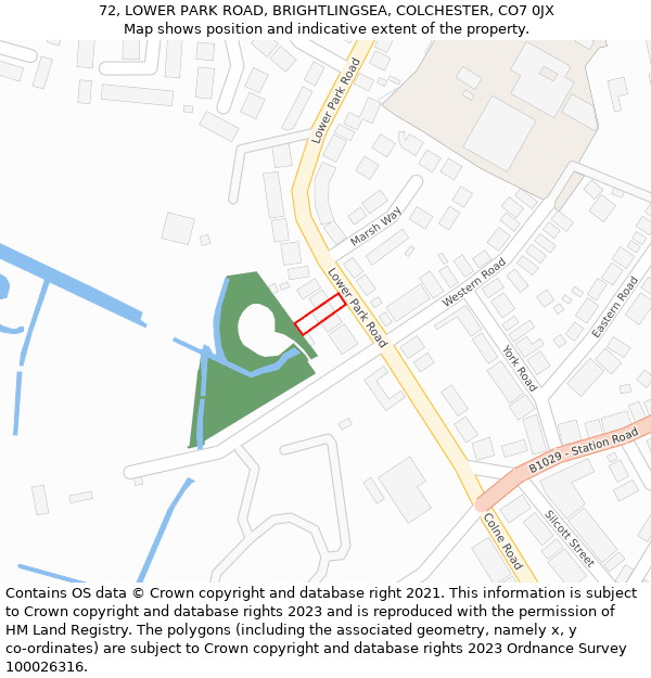 72, LOWER PARK ROAD, BRIGHTLINGSEA, COLCHESTER, CO7 0JX: Location map and indicative extent of plot