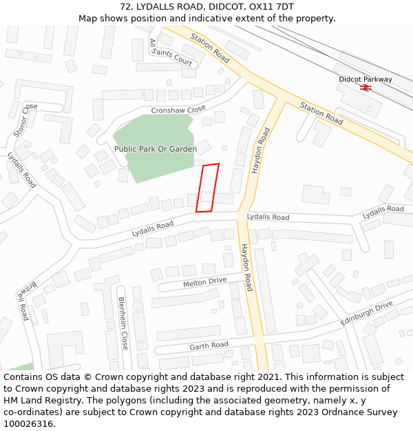 72, LYDALLS ROAD, DIDCOT, OX11 7DT: Location map and indicative extent of plot