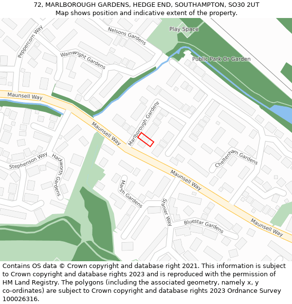 72, MARLBOROUGH GARDENS, HEDGE END, SOUTHAMPTON, SO30 2UT: Location map and indicative extent of plot