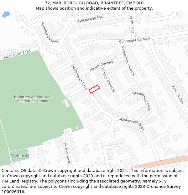 72, MARLBOROUGH ROAD, BRAINTREE, CM7 9LR: Location map and indicative extent of plot