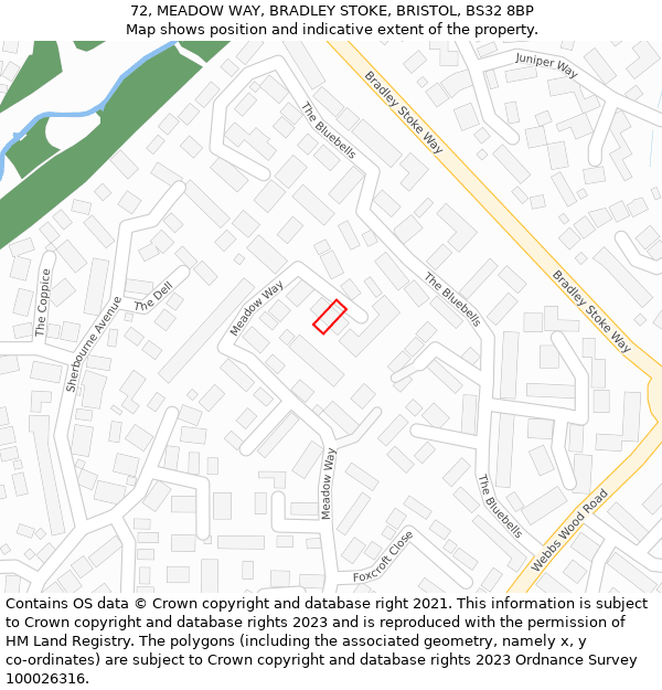 72, MEADOW WAY, BRADLEY STOKE, BRISTOL, BS32 8BP: Location map and indicative extent of plot