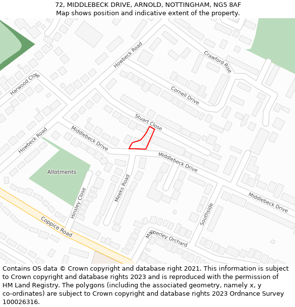 72, MIDDLEBECK DRIVE, ARNOLD, NOTTINGHAM, NG5 8AF: Location map and indicative extent of plot