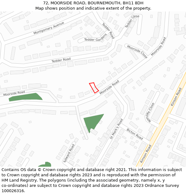 72, MOORSIDE ROAD, BOURNEMOUTH, BH11 8DH: Location map and indicative extent of plot