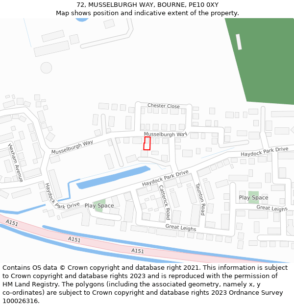 72, MUSSELBURGH WAY, BOURNE, PE10 0XY: Location map and indicative extent of plot