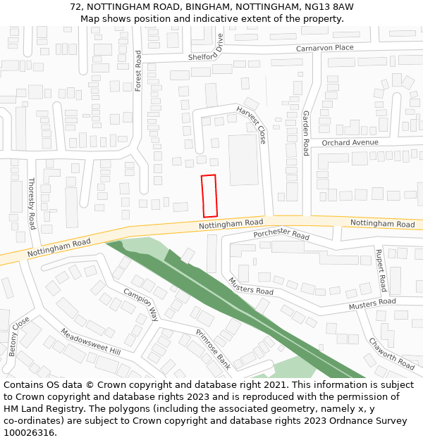 72, NOTTINGHAM ROAD, BINGHAM, NOTTINGHAM, NG13 8AW: Location map and indicative extent of plot