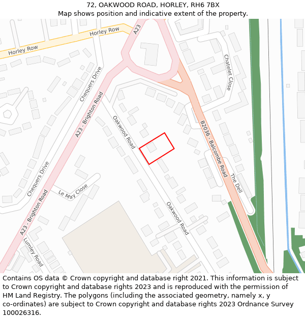 72, OAKWOOD ROAD, HORLEY, RH6 7BX: Location map and indicative extent of plot