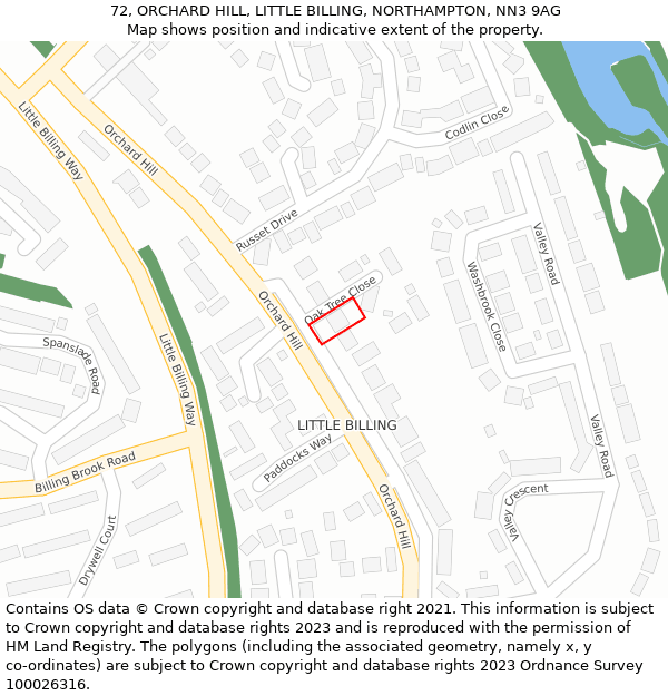 72, ORCHARD HILL, LITTLE BILLING, NORTHAMPTON, NN3 9AG: Location map and indicative extent of plot