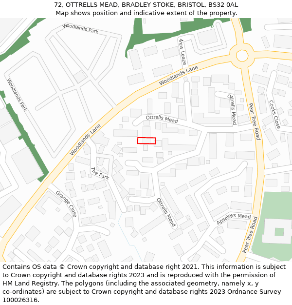 72, OTTRELLS MEAD, BRADLEY STOKE, BRISTOL, BS32 0AL: Location map and indicative extent of plot