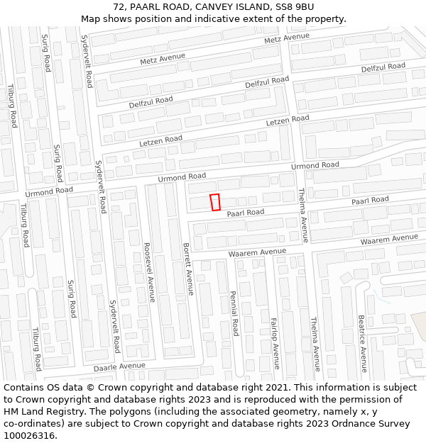 72, PAARL ROAD, CANVEY ISLAND, SS8 9BU: Location map and indicative extent of plot