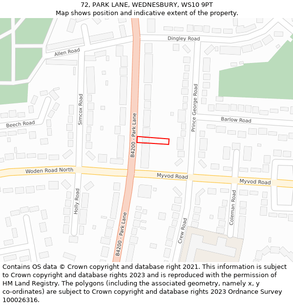 72, PARK LANE, WEDNESBURY, WS10 9PT: Location map and indicative extent of plot