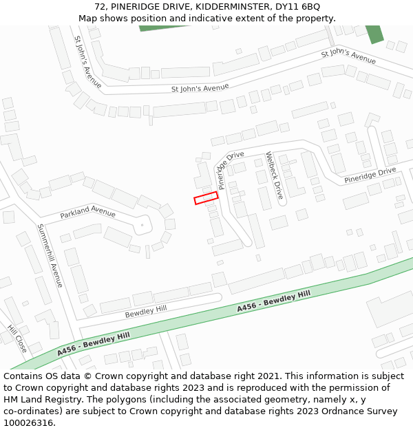 72, PINERIDGE DRIVE, KIDDERMINSTER, DY11 6BQ: Location map and indicative extent of plot