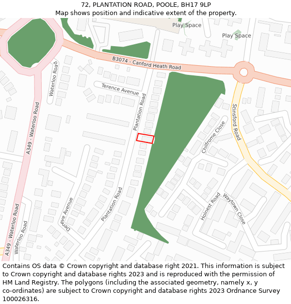 72, PLANTATION ROAD, POOLE, BH17 9LP: Location map and indicative extent of plot