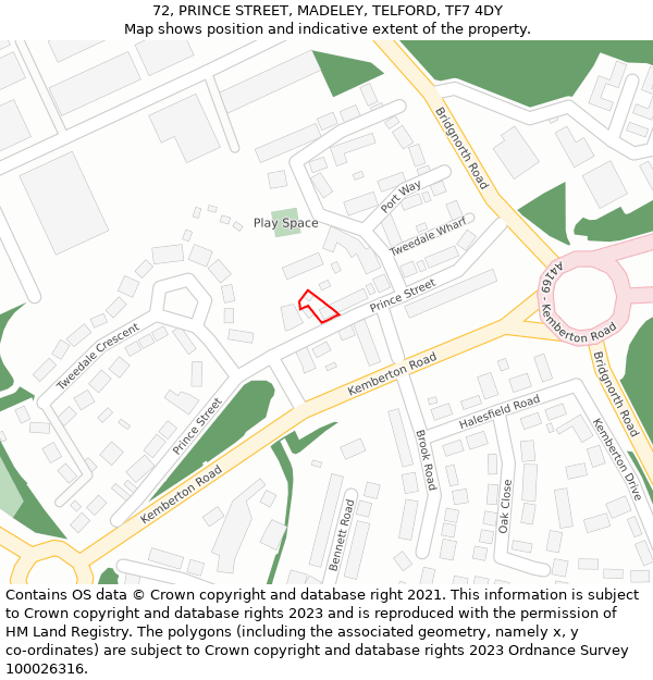 72, PRINCE STREET, MADELEY, TELFORD, TF7 4DY: Location map and indicative extent of plot