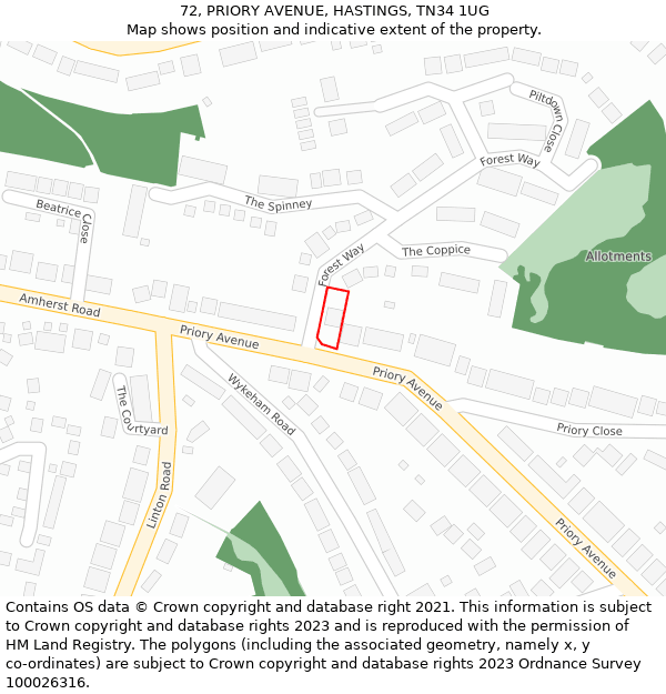 72, PRIORY AVENUE, HASTINGS, TN34 1UG: Location map and indicative extent of plot