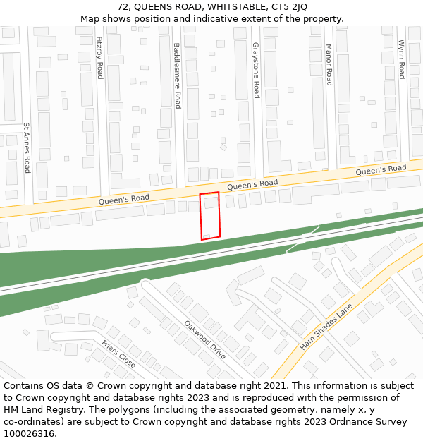 72, QUEENS ROAD, WHITSTABLE, CT5 2JQ: Location map and indicative extent of plot