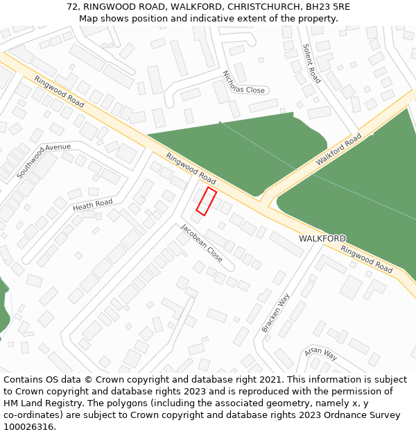 72, RINGWOOD ROAD, WALKFORD, CHRISTCHURCH, BH23 5RE: Location map and indicative extent of plot