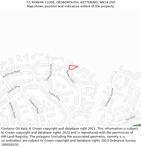 72, ROWAN CLOSE, DESBOROUGH, KETTERING, NN14 2GP: Location map and indicative extent of plot