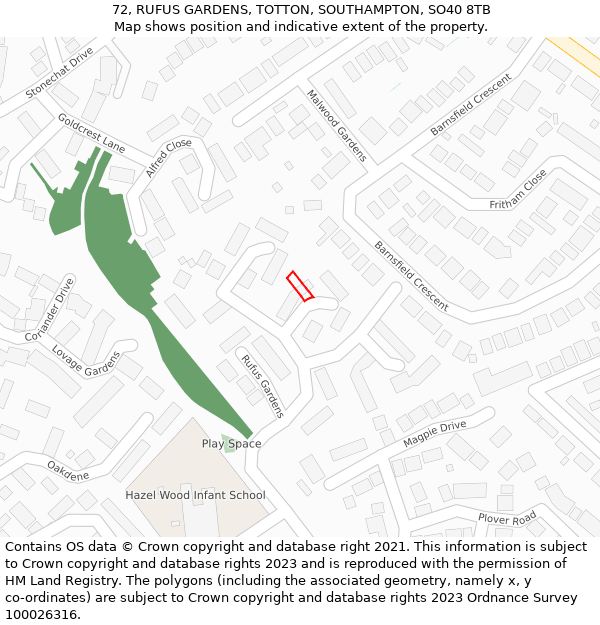 72, RUFUS GARDENS, TOTTON, SOUTHAMPTON, SO40 8TB: Location map and indicative extent of plot