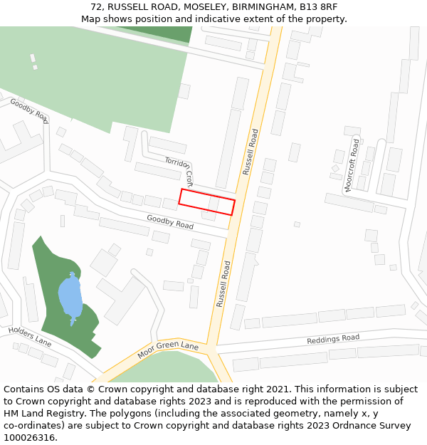 72, RUSSELL ROAD, MOSELEY, BIRMINGHAM, B13 8RF: Location map and indicative extent of plot