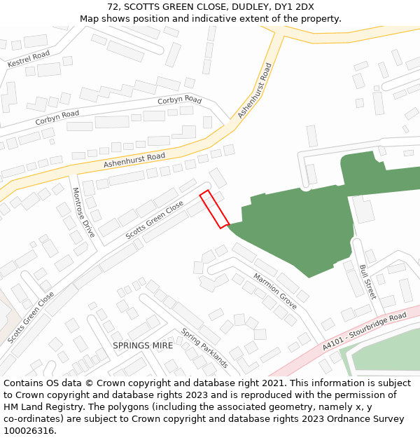 72, SCOTTS GREEN CLOSE, DUDLEY, DY1 2DX: Location map and indicative extent of plot