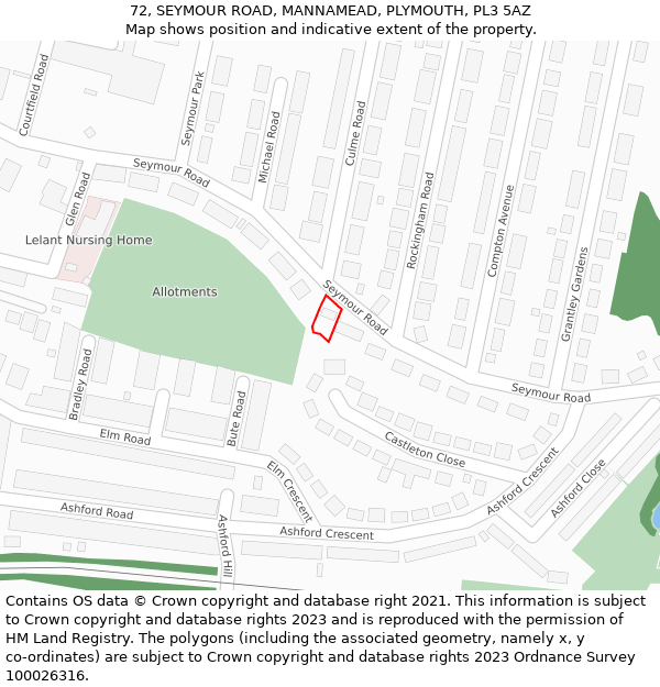 72, SEYMOUR ROAD, MANNAMEAD, PLYMOUTH, PL3 5AZ: Location map and indicative extent of plot