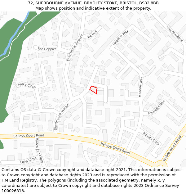 72, SHERBOURNE AVENUE, BRADLEY STOKE, BRISTOL, BS32 8BB: Location map and indicative extent of plot