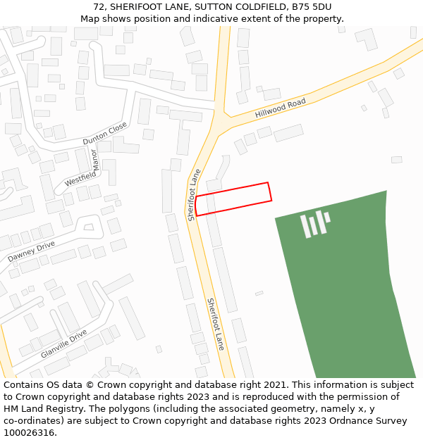 72, SHERIFOOT LANE, SUTTON COLDFIELD, B75 5DU: Location map and indicative extent of plot