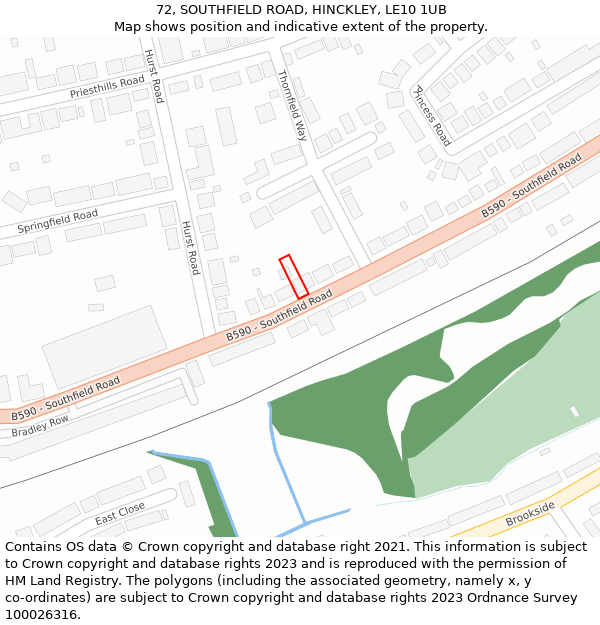72, SOUTHFIELD ROAD, HINCKLEY, LE10 1UB: Location map and indicative extent of plot