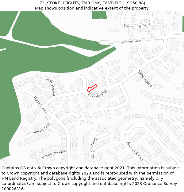 72, STOKE HEIGHTS, FAIR OAK, EASTLEIGH, SO50 8AJ: Location map and indicative extent of plot