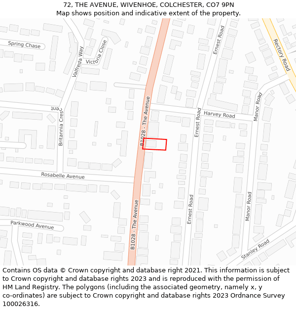 72, THE AVENUE, WIVENHOE, COLCHESTER, CO7 9PN: Location map and indicative extent of plot