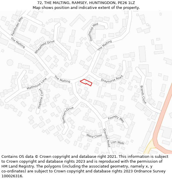 72, THE MALTING, RAMSEY, HUNTINGDON, PE26 1LZ: Location map and indicative extent of plot