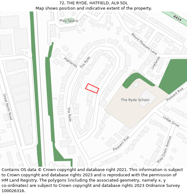 72, THE RYDE, HATFIELD, AL9 5DL: Location map and indicative extent of plot