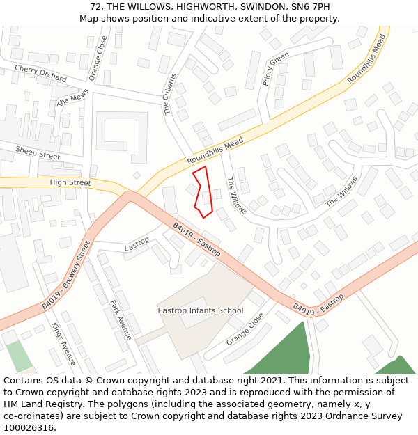 72, THE WILLOWS, HIGHWORTH, SWINDON, SN6 7PH: Location map and indicative extent of plot