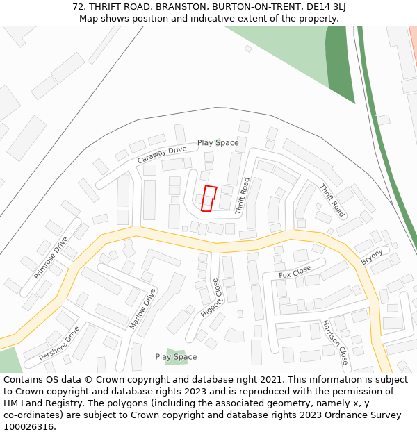 72, THRIFT ROAD, BRANSTON, BURTON-ON-TRENT, DE14 3LJ: Location map and indicative extent of plot