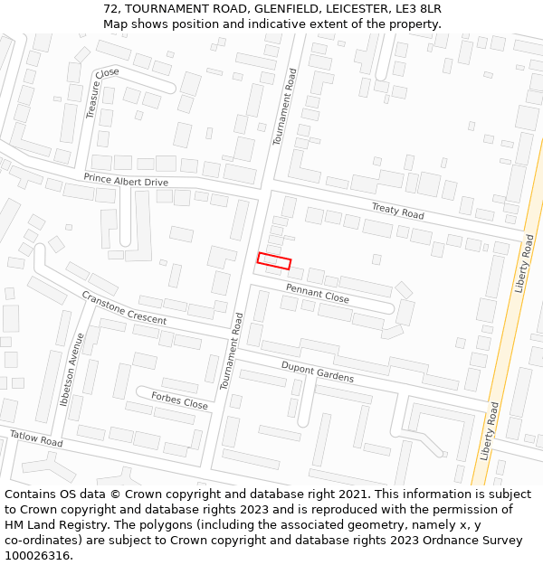 72, TOURNAMENT ROAD, GLENFIELD, LEICESTER, LE3 8LR: Location map and indicative extent of plot