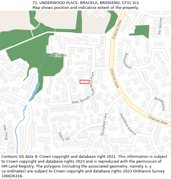 72, UNDERWOOD PLACE, BRACKLA, BRIDGEND, CF31 2LS: Location map and indicative extent of plot