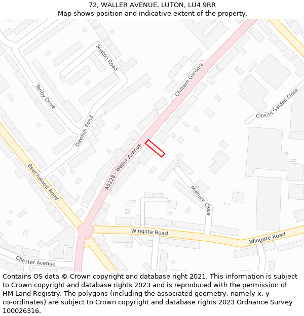 72, WALLER AVENUE, LUTON, LU4 9RR: Location map and indicative extent of plot