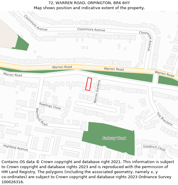 72, WARREN ROAD, ORPINGTON, BR6 6HY: Location map and indicative extent of plot