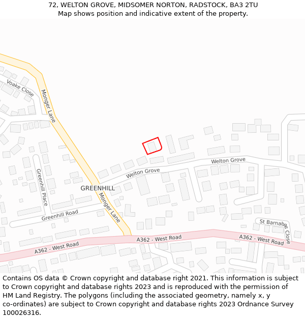 72, WELTON GROVE, MIDSOMER NORTON, RADSTOCK, BA3 2TU: Location map and indicative extent of plot